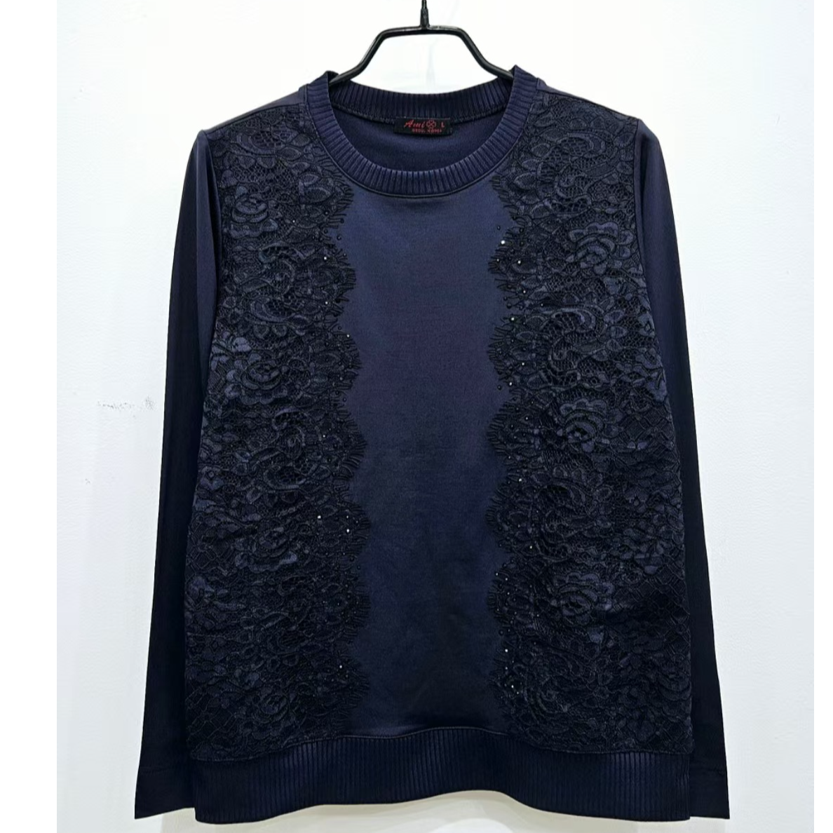 【韩国设计师衣吧】冬季新款高级时尚显瘦前面重工蕾丝亮钻高弹小衫