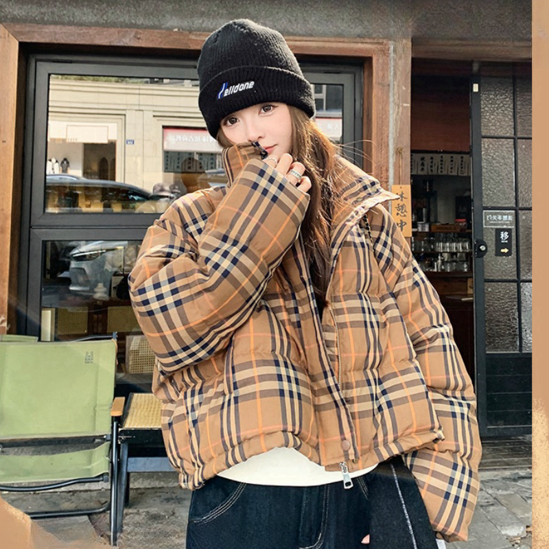2603#2025年冬季新款面包服加厚韩版格子短款棉服女时尚潮流外套