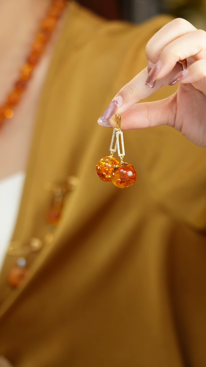 琥珀（花珀）银S925镶嵌耳饰福利