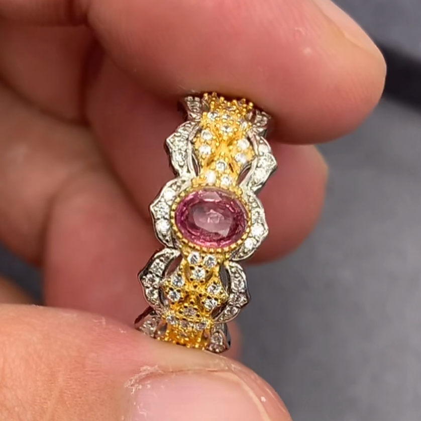 银925粉碧玺戒指