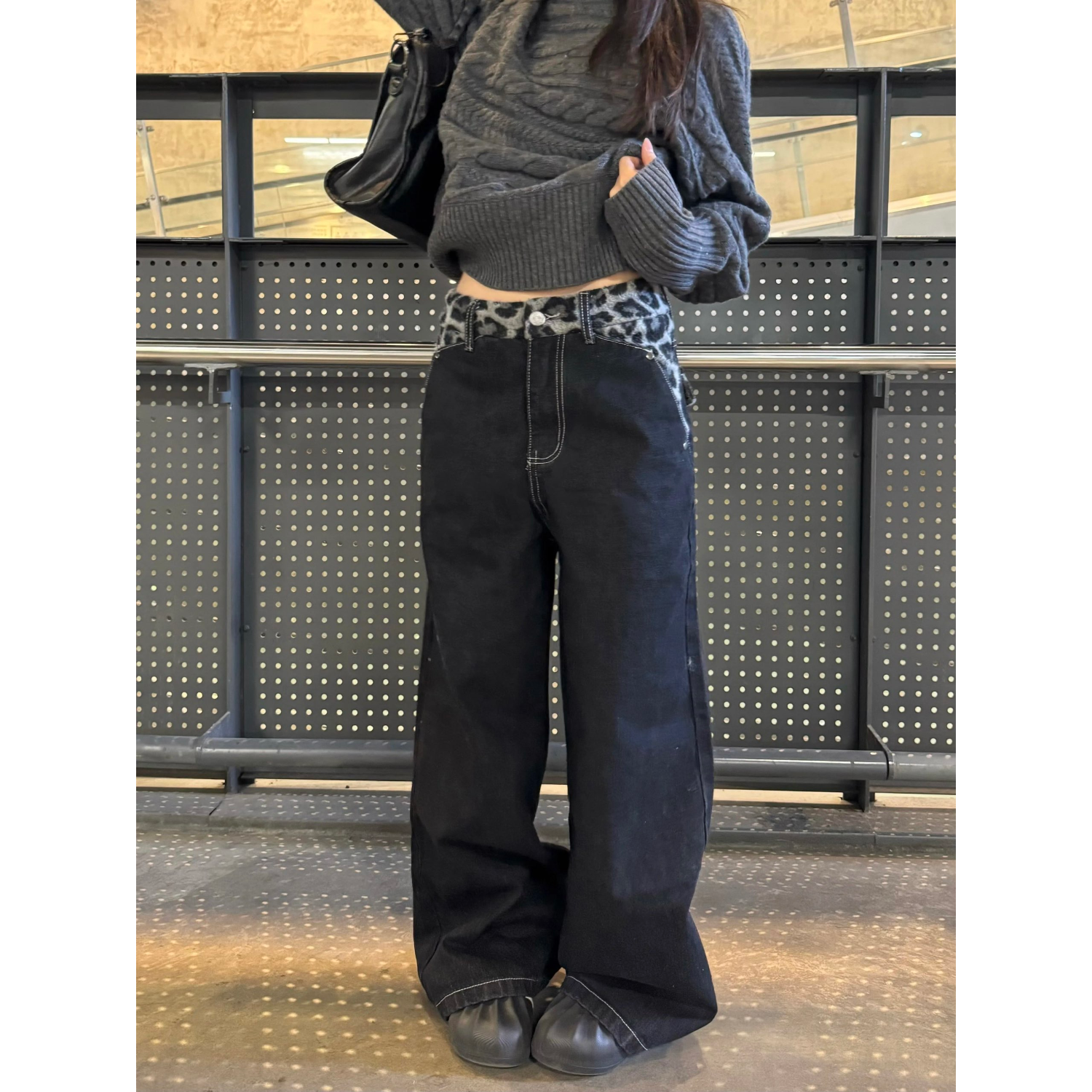 美式水洗原牛黑豹纹拼接口袋直筒牛仔裤男女街头百搭宽松拖地长裤