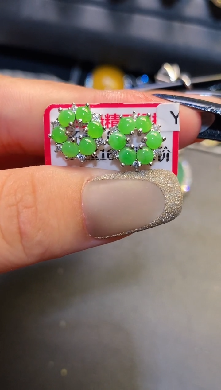 银S925镶嵌翡翠耳饰天然