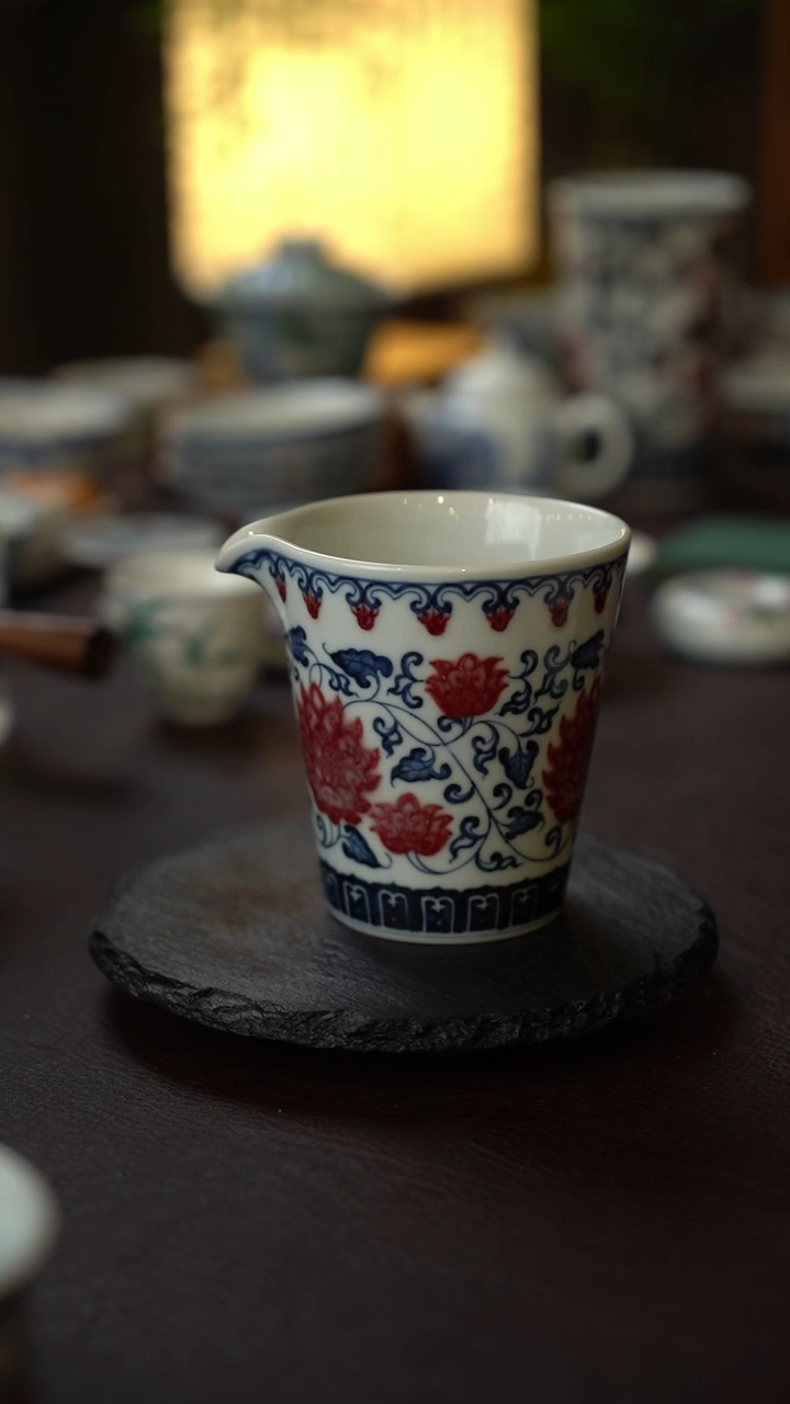 鲶**森51号景德镇全手工手绘青花釉里红缠枝莲公道杯