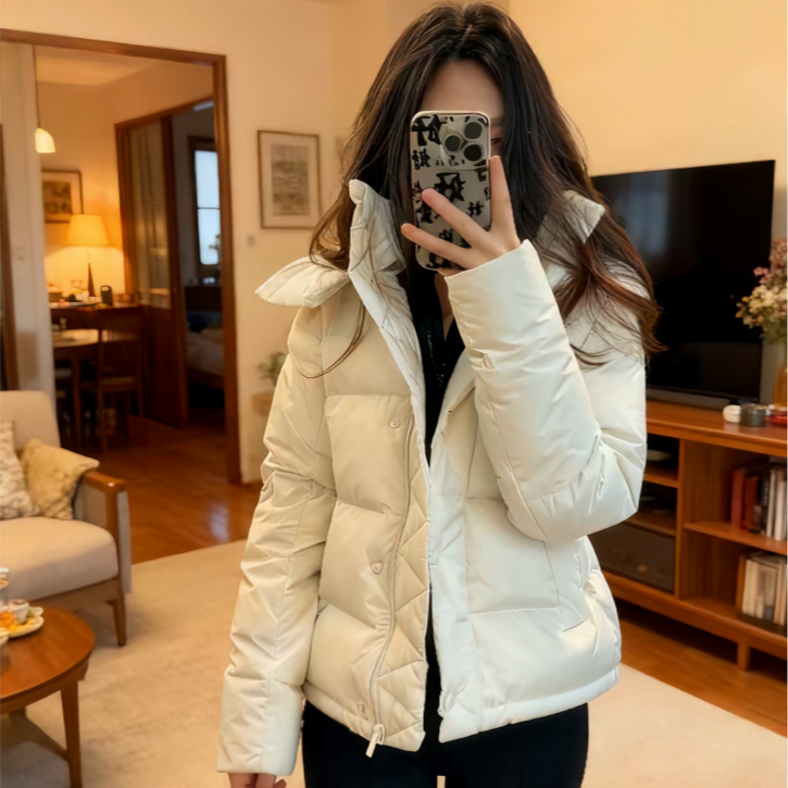 鹅绒纯色字母徽标防风五格连帽短款冬季羽绒服