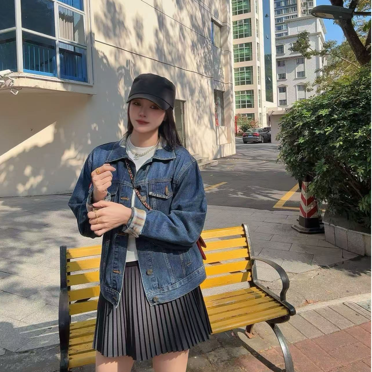 领袖拼格纹牛仔外套