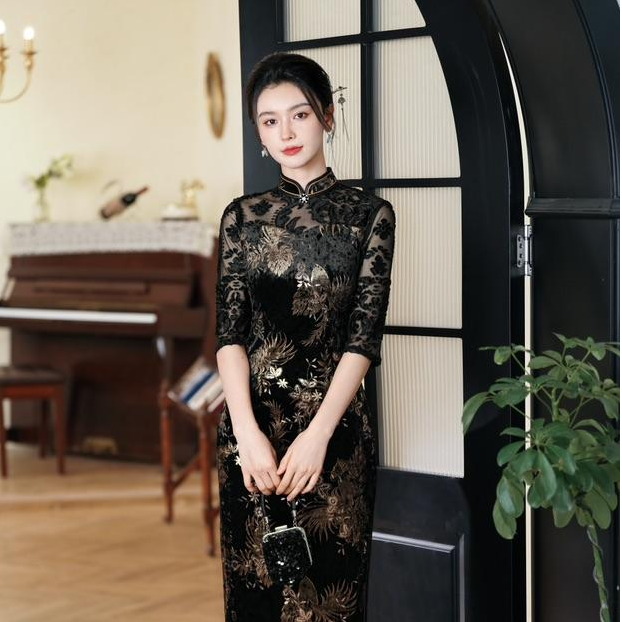 中国风旗袍斜襟圆襟黑色气质中长款秋冬铅笔裙日常蕾丝显瘦长袖