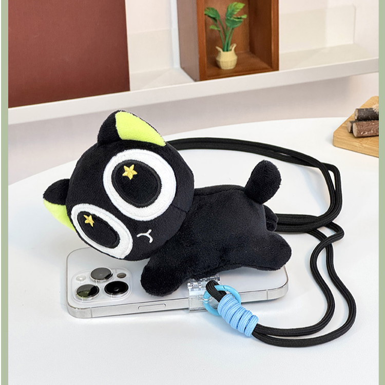 【正版联名】名创优品罗小黑毛绒手机背夹通用可爱斜挎手拎生日礼物