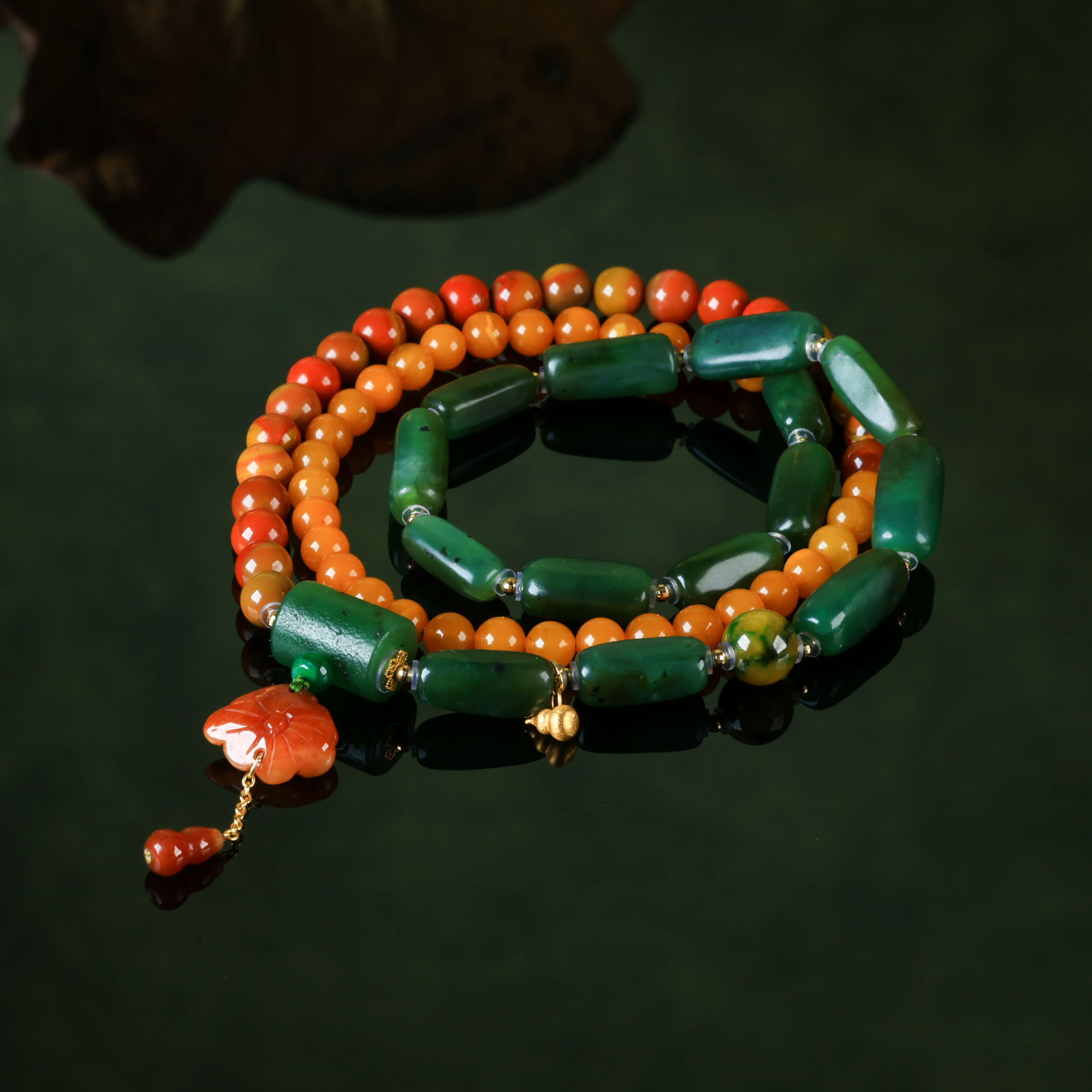 【意婵】《岁染》18k金天然和田玉碧玉籽多圈手串南红蜜蜡-917246