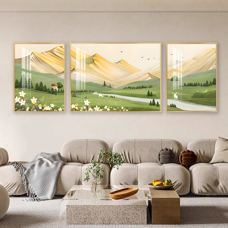 手工晶瓷画小清新河流绿植背景墙墙壁山川客厅三联客厅背景墙挂画