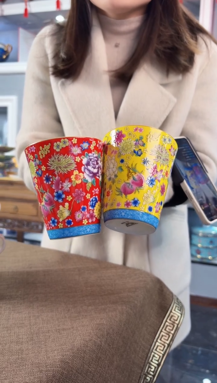 珐琅锦绣万花水杯2只装景德镇