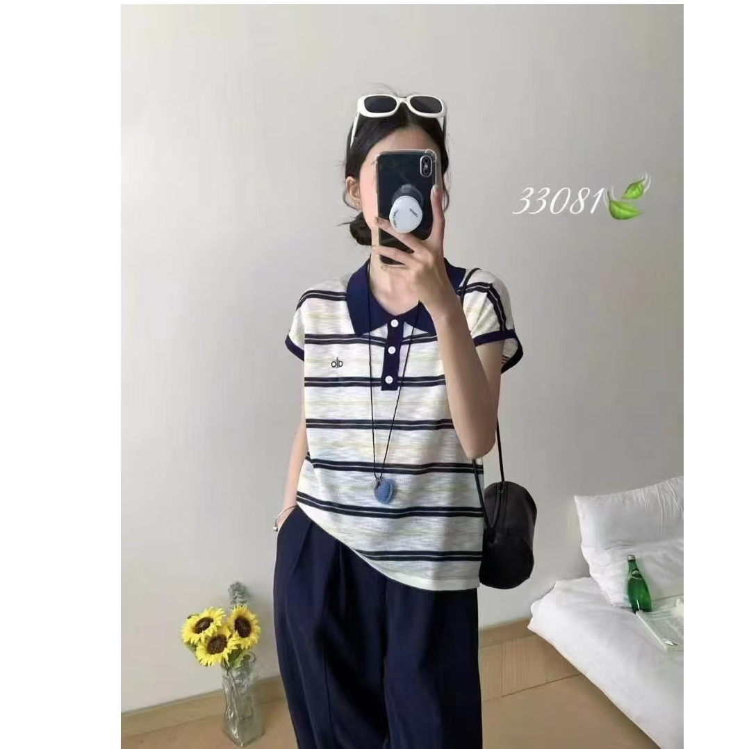 玲玲服饰【01165】olo刺绣Polo领条纹飞飞袖针织上衣