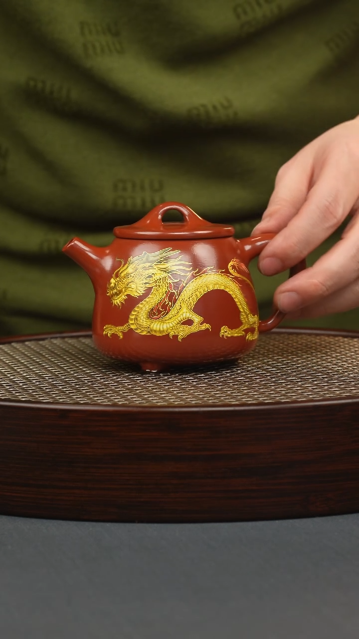 【闪购商品】紫砂茶壶大红袍 高瓢 双龙珐琅彩（幻彩）