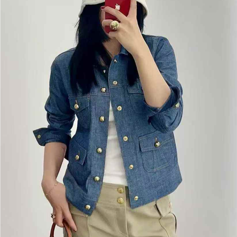 99新 Celine/思琳 S码蓝色牛仔金扣四口袋衬衫，外套