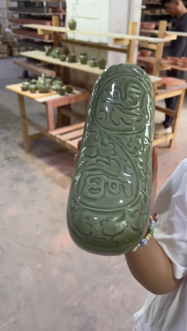 耀州窑青瓷大师手刻福字枕头