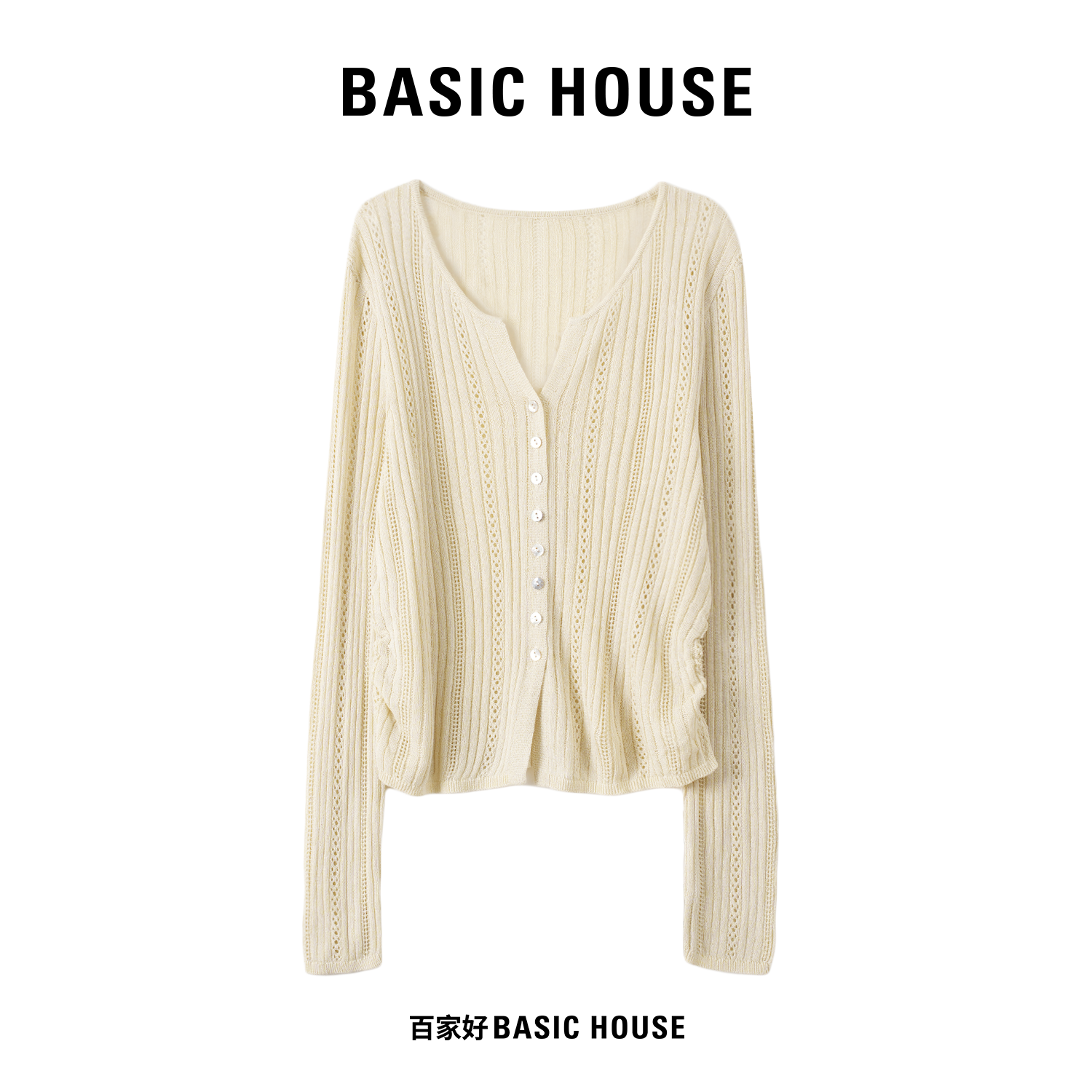 Basic House/百家好2025秋新款温柔纯色休闲镂空毛针织衫G652 MM