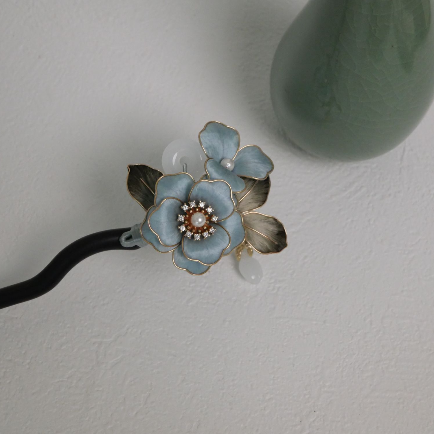 青色牡丹掐丝绒花牡丹发簪手工气质蓝色百搭复古古风古典