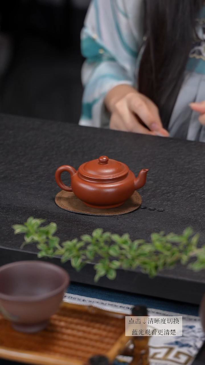 茶壶紫砂朱泥大红袍扁宫灯壶精工半手