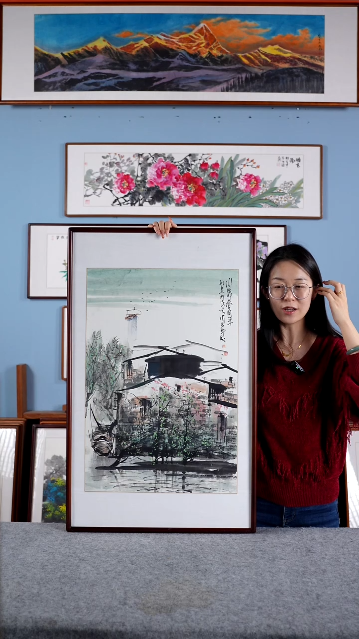 【闪购商品】国画柳泉《江南小镇》带框尺寸90*55