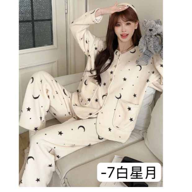 薄款甜美透气保暖春秋季圆领冬季宽松睡衣家居服套装-3551