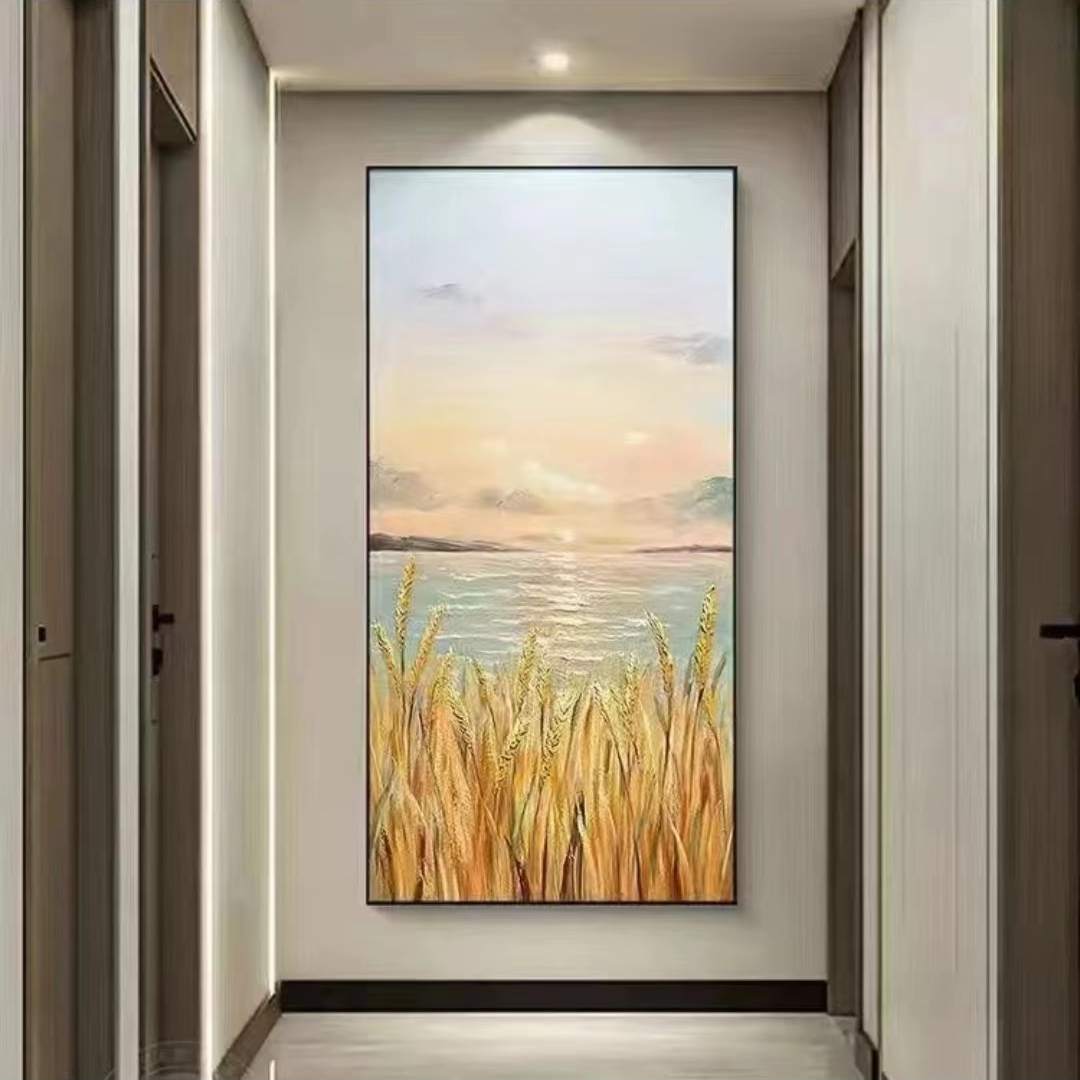 丰收金色麦田仿油画田园日出风景玄关挂画餐厅手工砂岩肌理装饰画