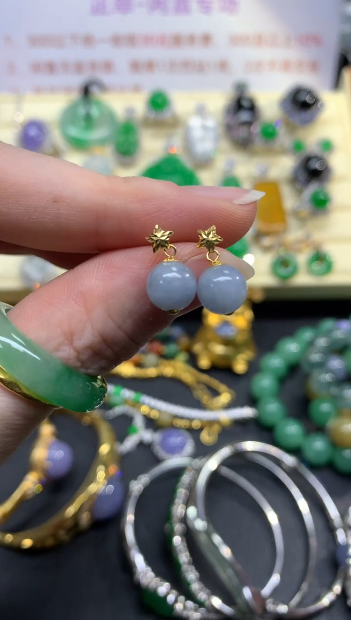 翡翠18K金镶嵌耳饰耳饰|550+55