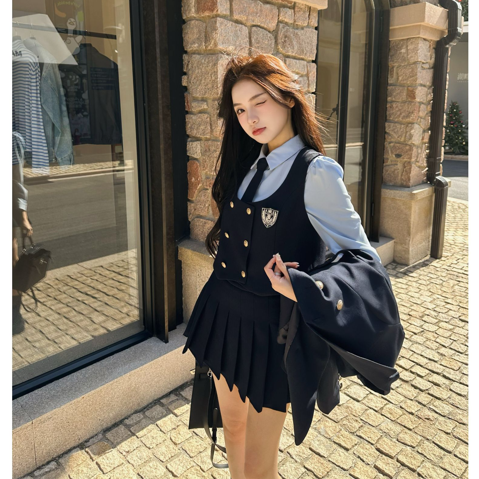 西装【伦敦刊报】秋季真两件衬衫马甲学院风双排扣显瘦女套装