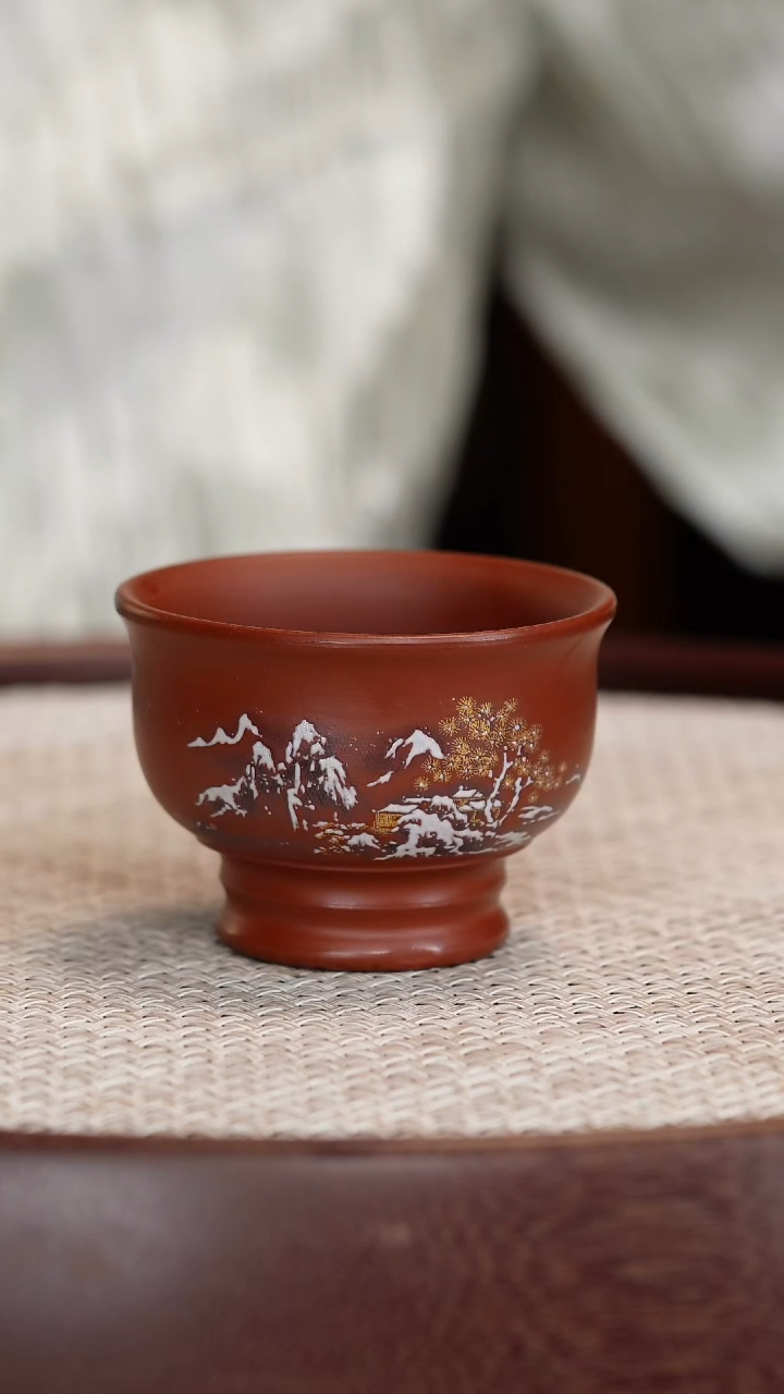 紫砂茶具朱泥雪景杯