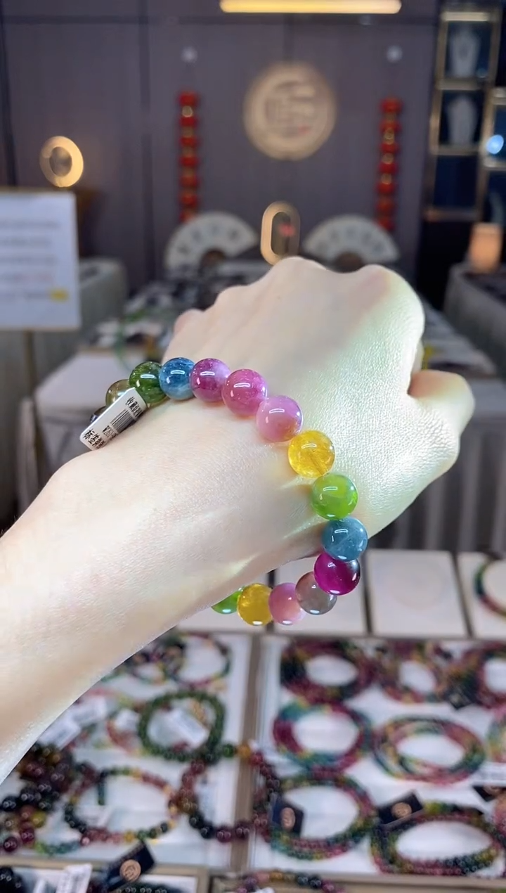 未镶嵌老矿碧玺色标彩虹单圈手串9mm+碧玺dan多样性发货一条