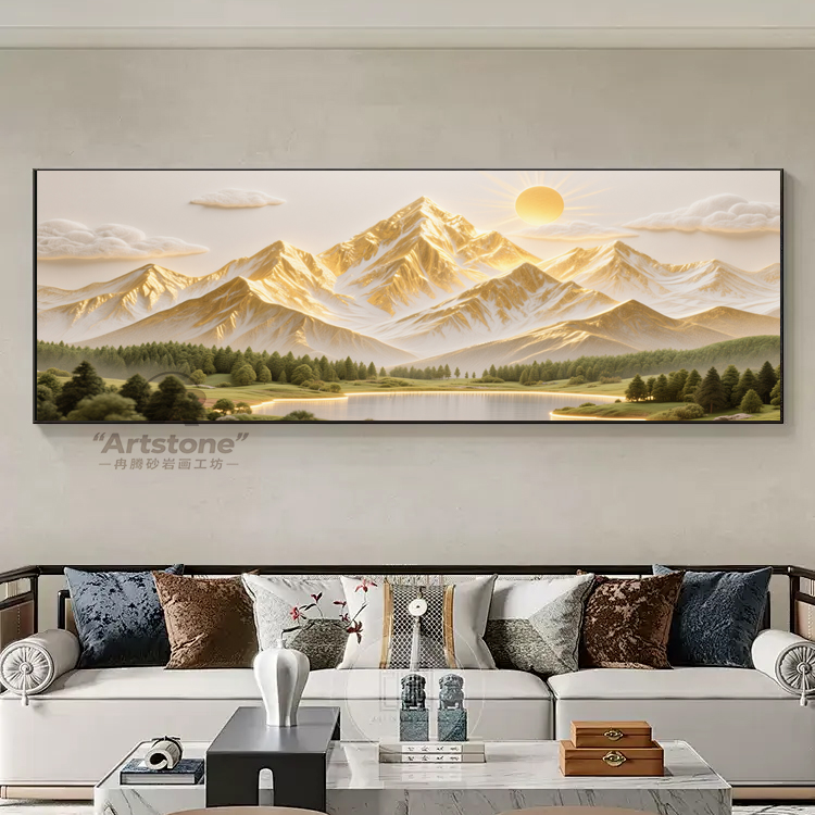 旭日东升大气背靠金山客厅手工砂岩画横幅沙发背景客厅挂画装饰画