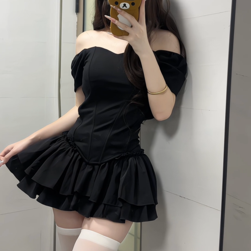 iqcq气球熊纯欲辣妹风鱼骨修身收腰短袖上衣黑色蓬蓬裙裤套装    