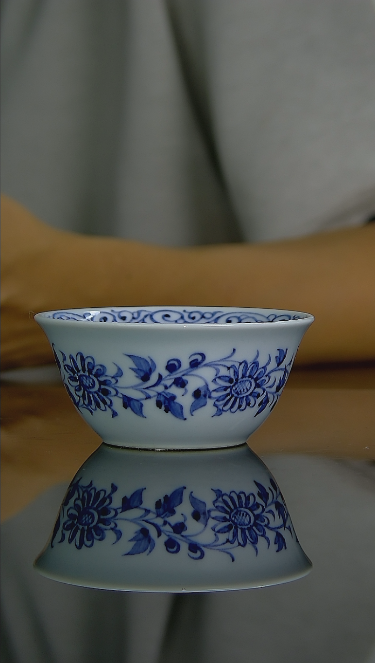 凌兮君窑·满绘·纯手工·仿元青花·菊瓣纹·撇口杯·茶器