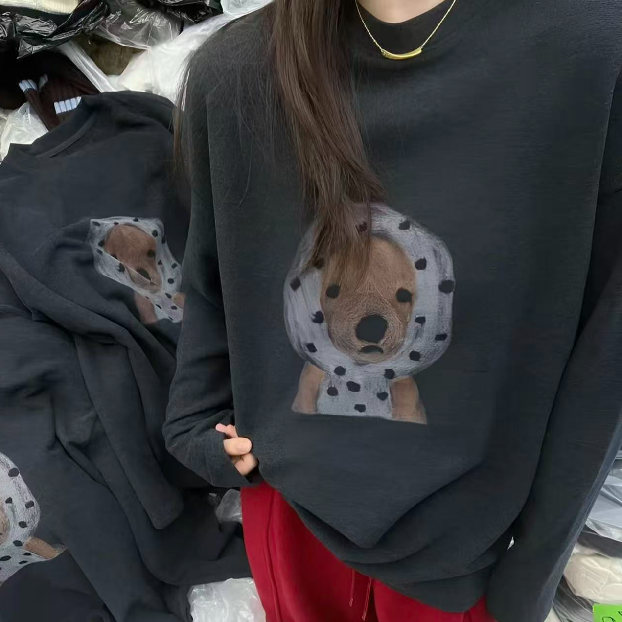 头巾小狗#磨毛卡通风小狗圆领套头长袖秋冬宽松印花打底衫T恤