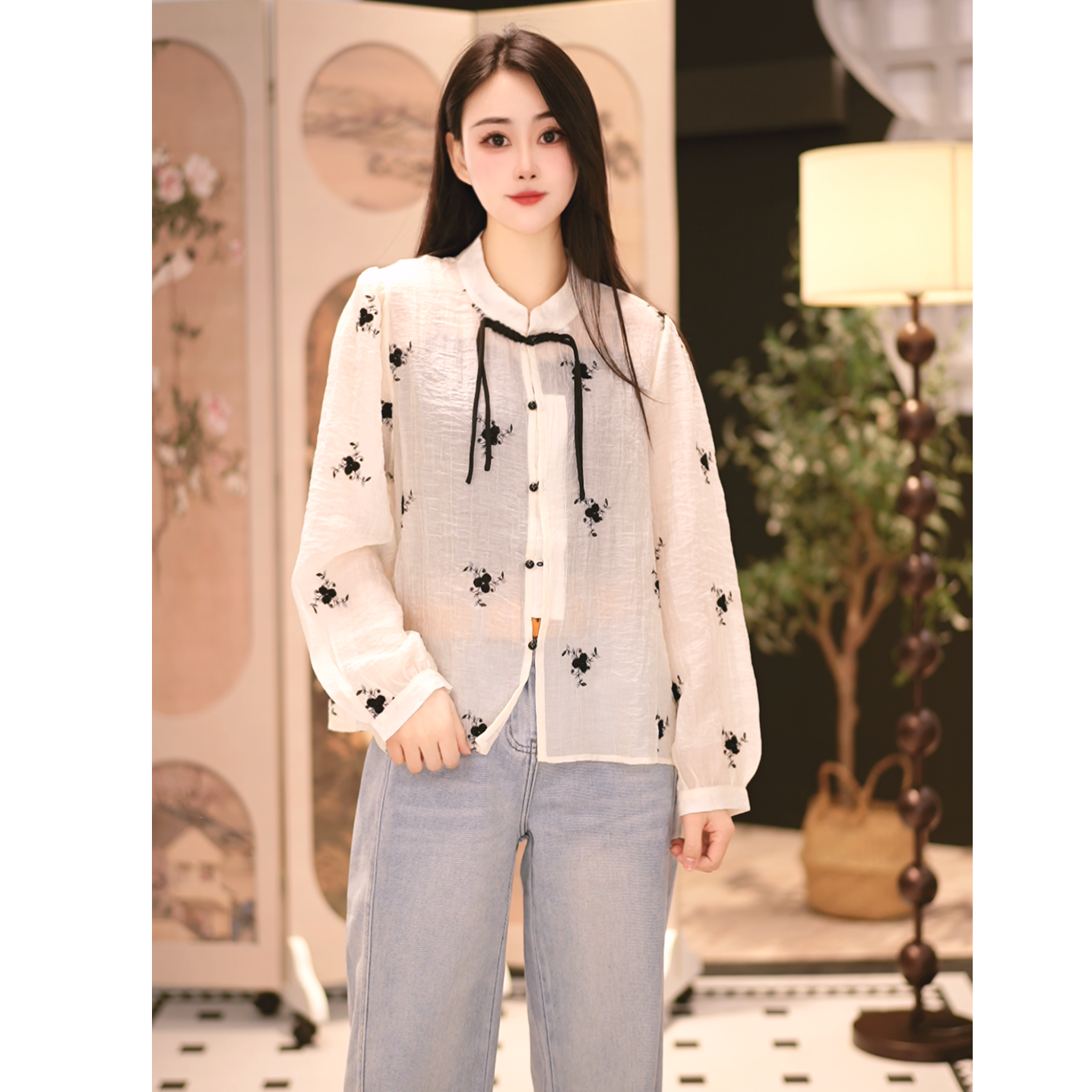 【琴琴专属】新款春季盘扣国风印花甜美奶乖不扎人上衣减龄漂亮小衫