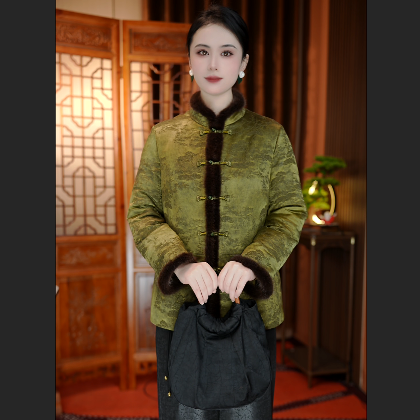 2025冬季新款水貂毛提花真丝女士白鹅绒服盘扣贵气女士外套