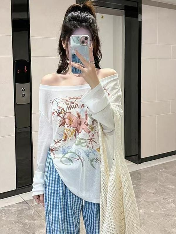 长袖圆领防晒韩系趣味印花T恤女2025夏季薄款百搭宽松罩衫上衣