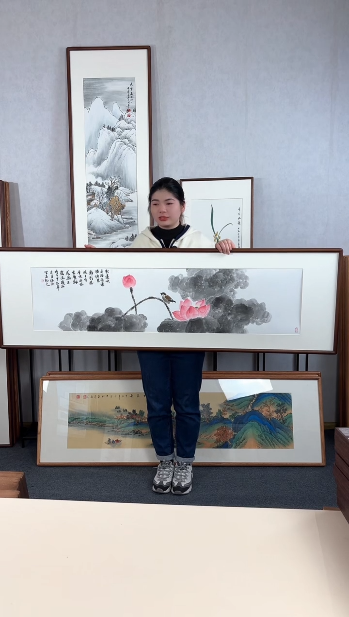 【闪购商品】国画手绘*荷花横幅*52*172cm实木框