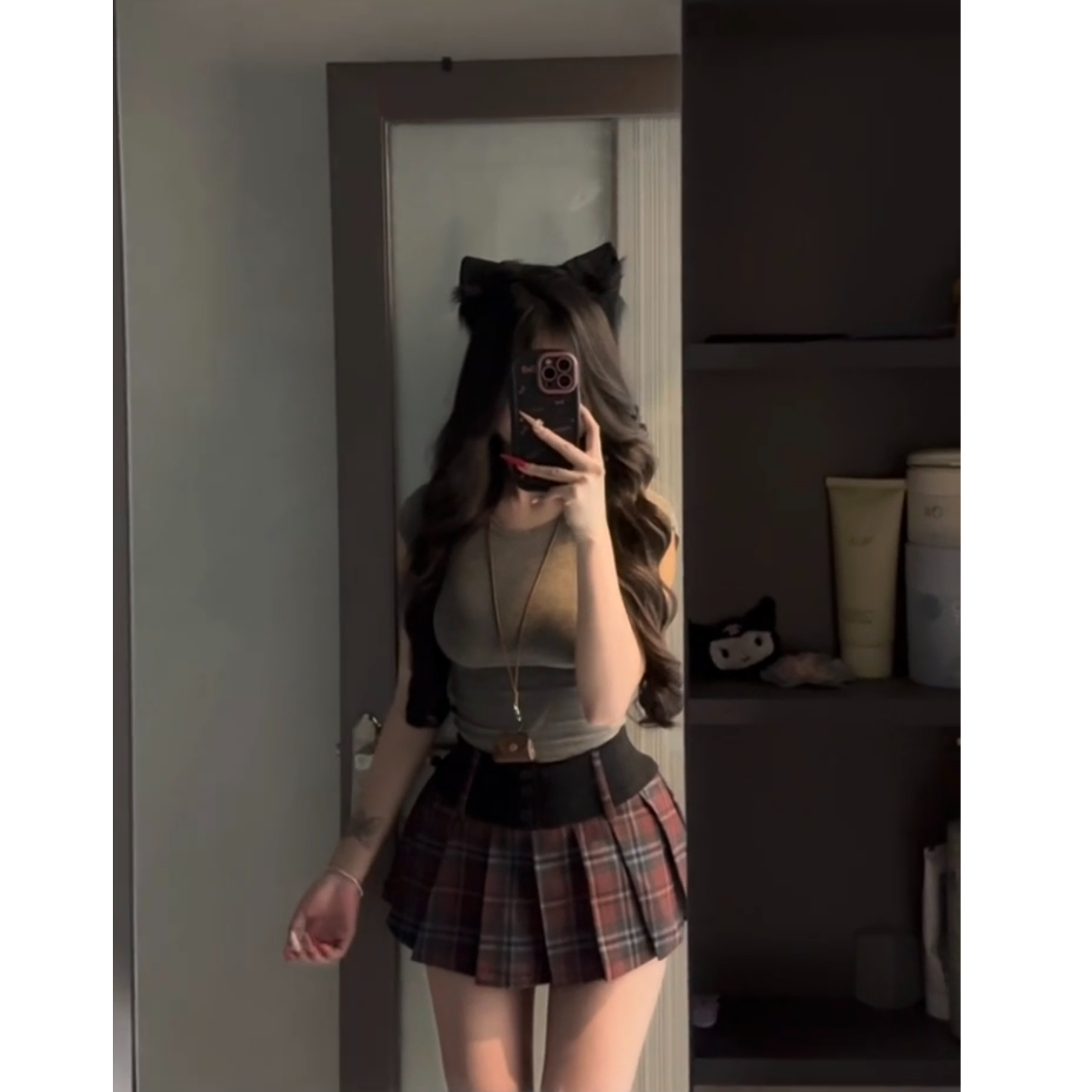 甜心小猫 辣妹纯欲风紧身性感上衣格纹百褶裙裤套装2025夏季新款