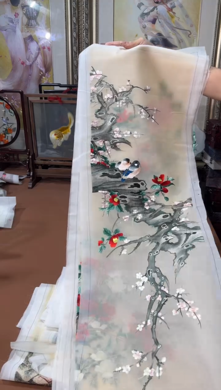 刺绣天**隐4连屏花鸟