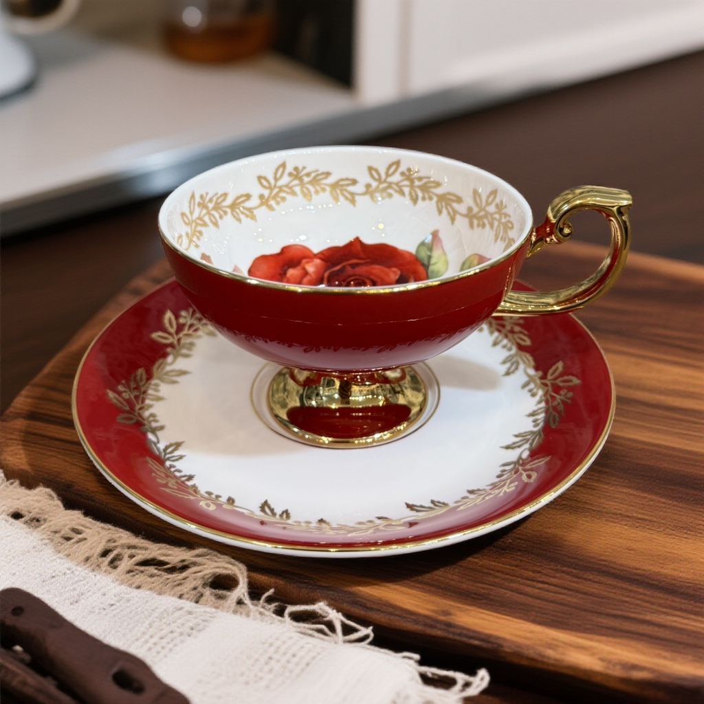 欧式Draw Natural斯嘉丽红漂浮玫瑰高脚咖啡杯碟带礼盒