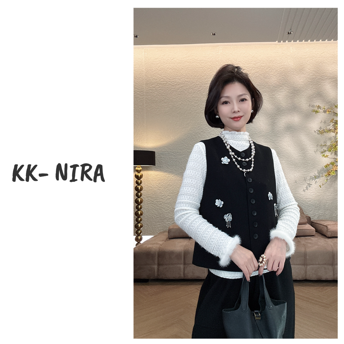 KK-NIRA 新中式立体珠片显瘦圆领马甲