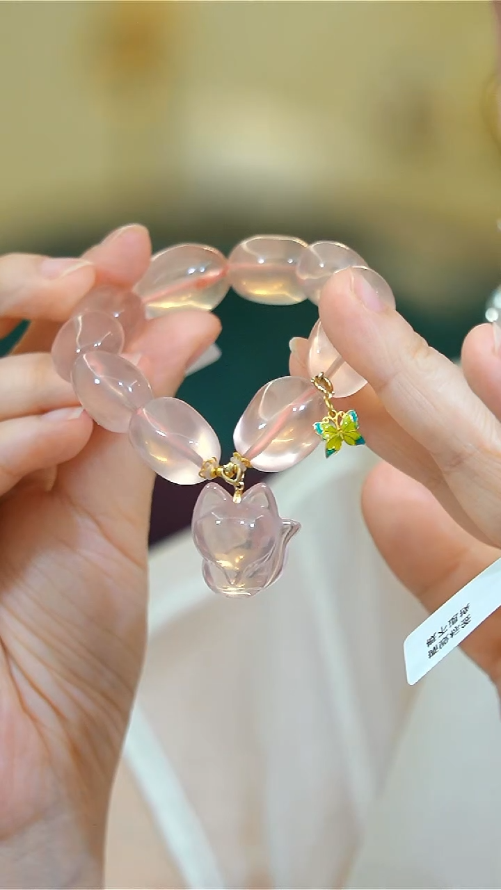 【闪购商品】水晶手链18K金镶嵌粉晶随形18k狐狸单圈手链