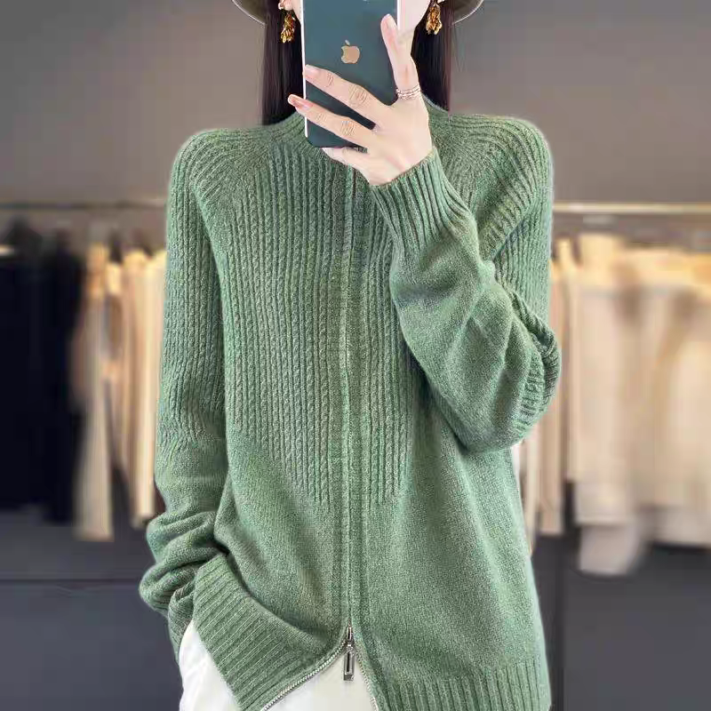 100羊毛一线加厚提花拉链开衫插肩袖针织开衫外套女