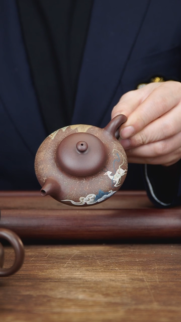 【闪购商品】紫砂茶壶150ml泥绘合欢 家藏紫茄泥