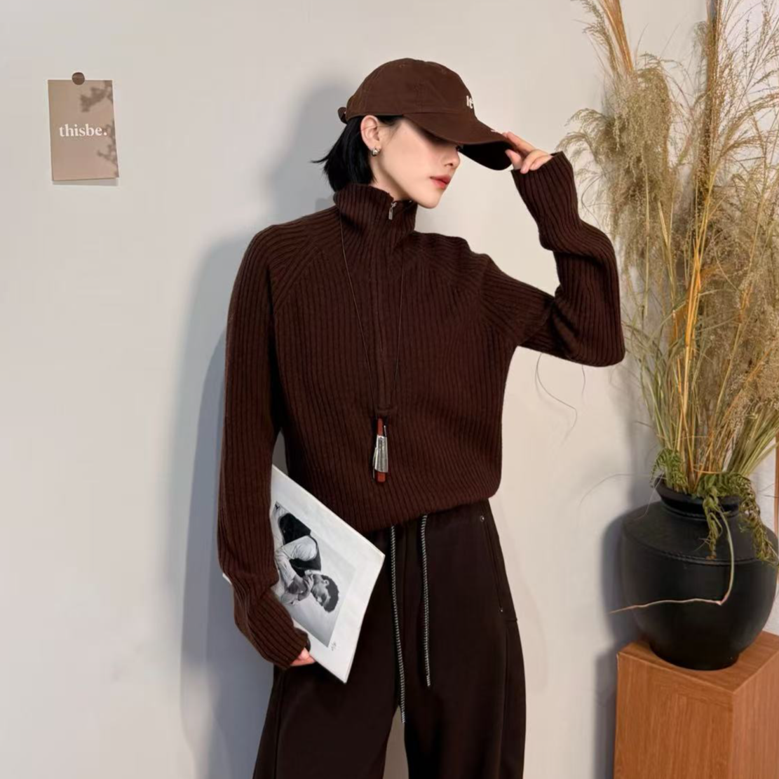 59227#秋冬韩系半拉链坑条针织衫上衣女纯色宽松百搭