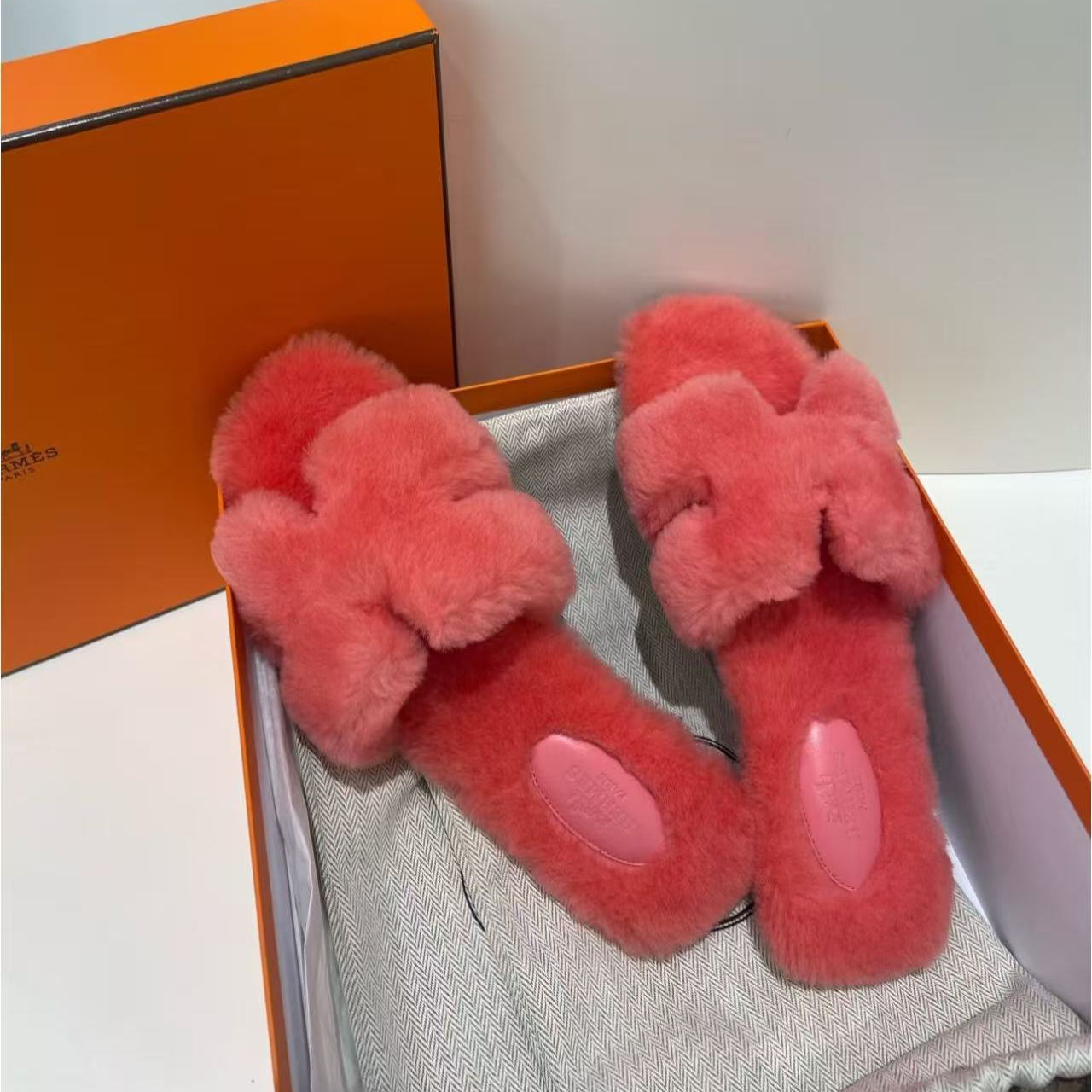 99新 Hermes/爱马仕 爱马仕蜜桃粉H毛毛拖36.5