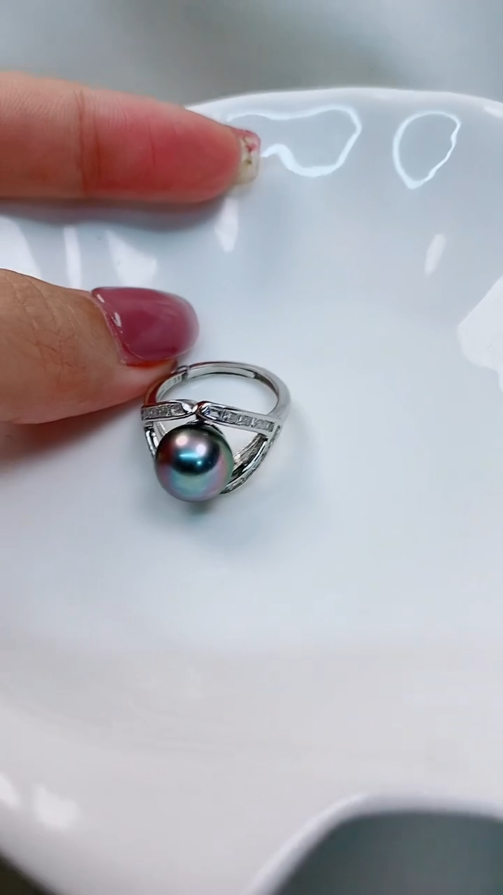 【闪购商品】海水珍珠戒指银S925镶嵌9-10大溪地黑珍珠戒指