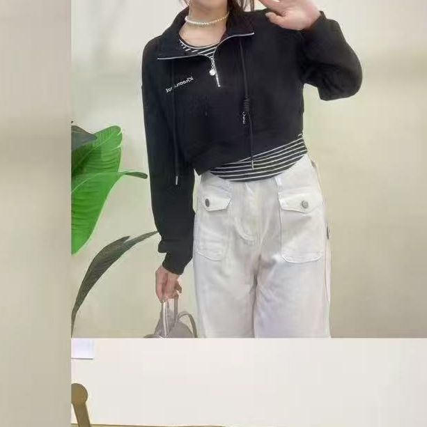 3166【衣长45】休闲卫衣超好看收腰女春装立领拉链上衣两件套小个子