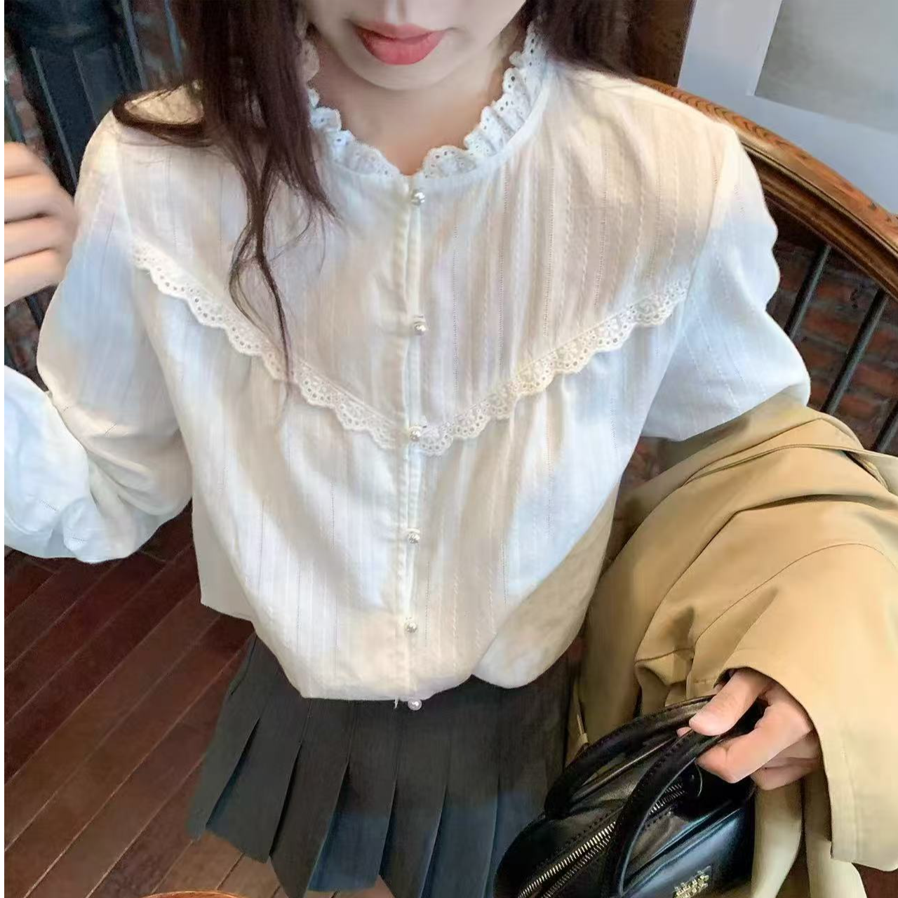 纯棉白色气质花边领立领衬衫法式长袖衬衣时尚百搭小众上衣甜美