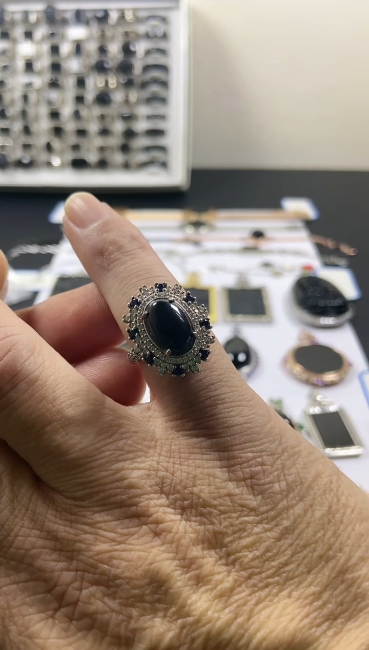 银S925镶嵌戒指翡翠蛋面款活口圈口可调节