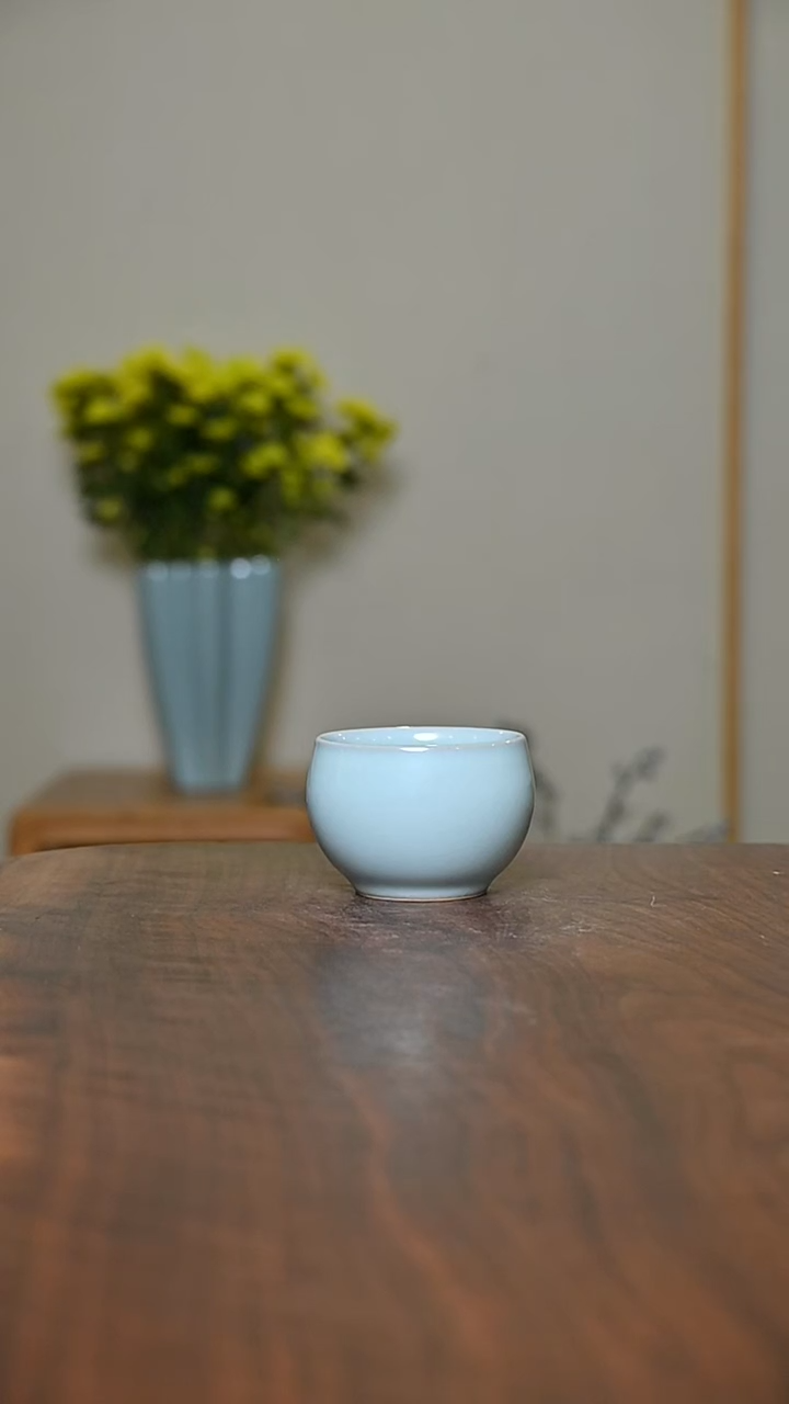 天青釉 手拉 缸杯 微瑕 朱家汝窑款 100ml